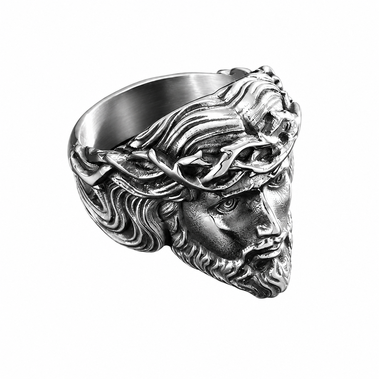 Stainless Steel Jesus Crown of Thorns Crucifix Ring