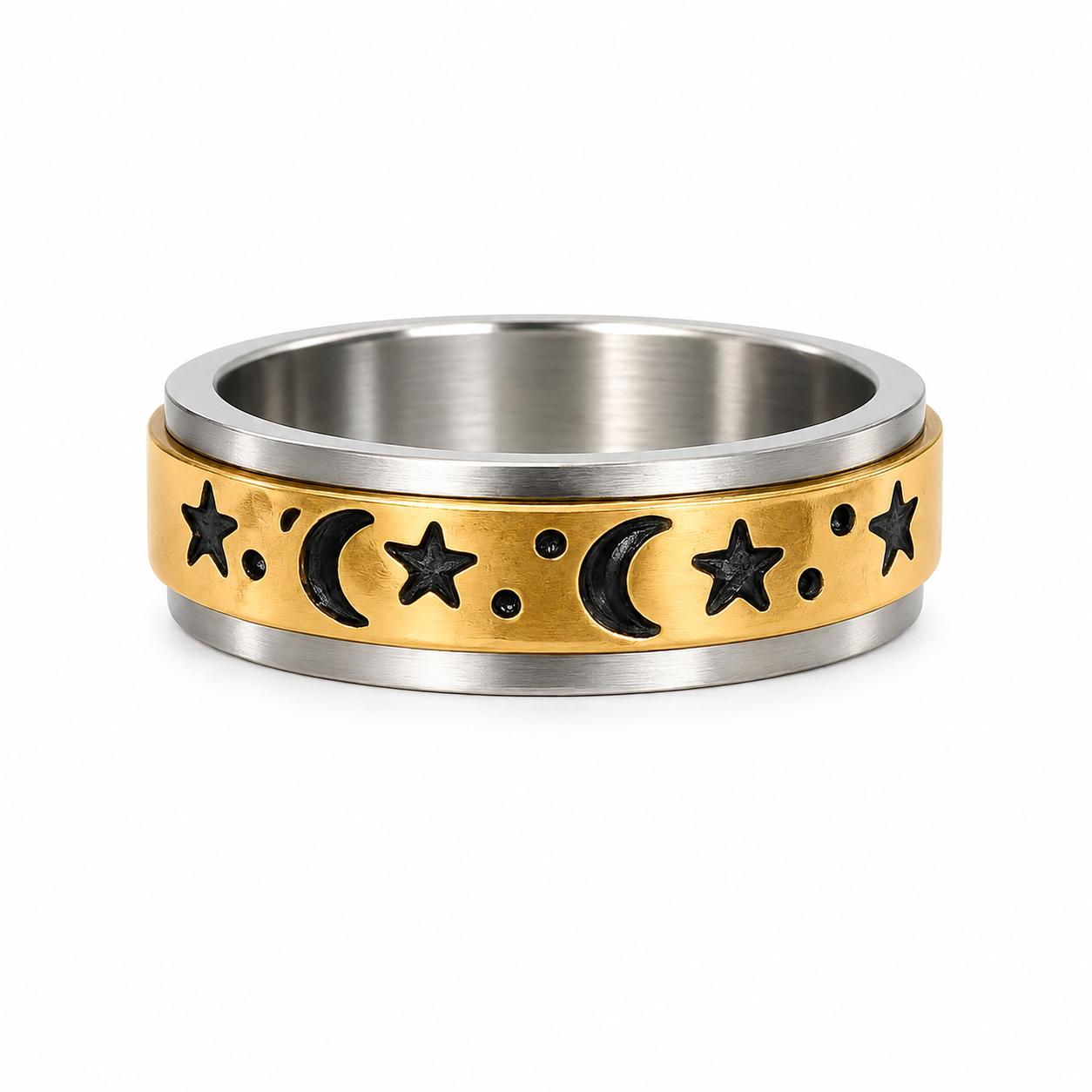 18k Gold PVD Stainless Steel Celestial Moon Star Spinner Anxiety Fidget Ring