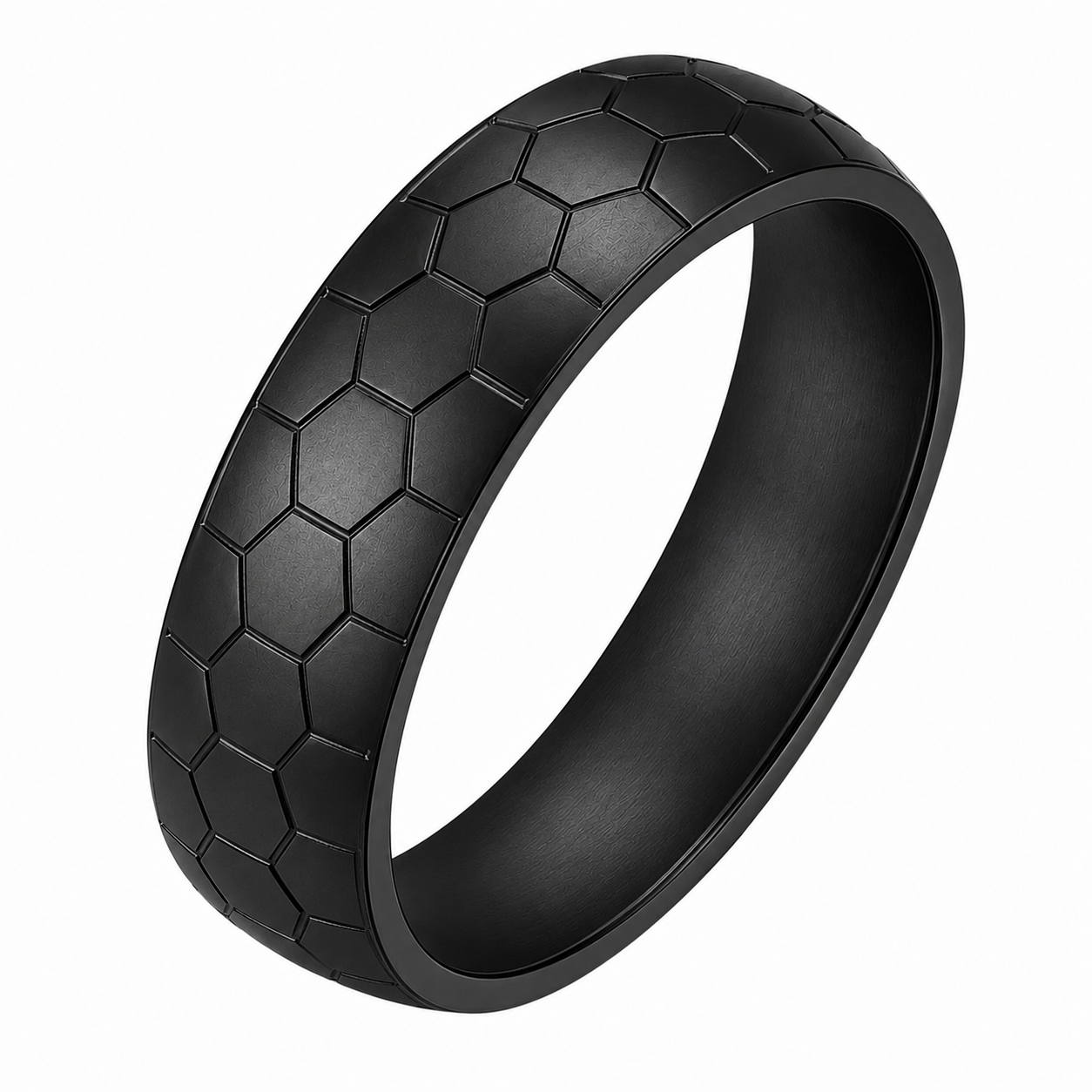 Black PVD Stainless Steel Hexagon Soccer Ball Band Ring