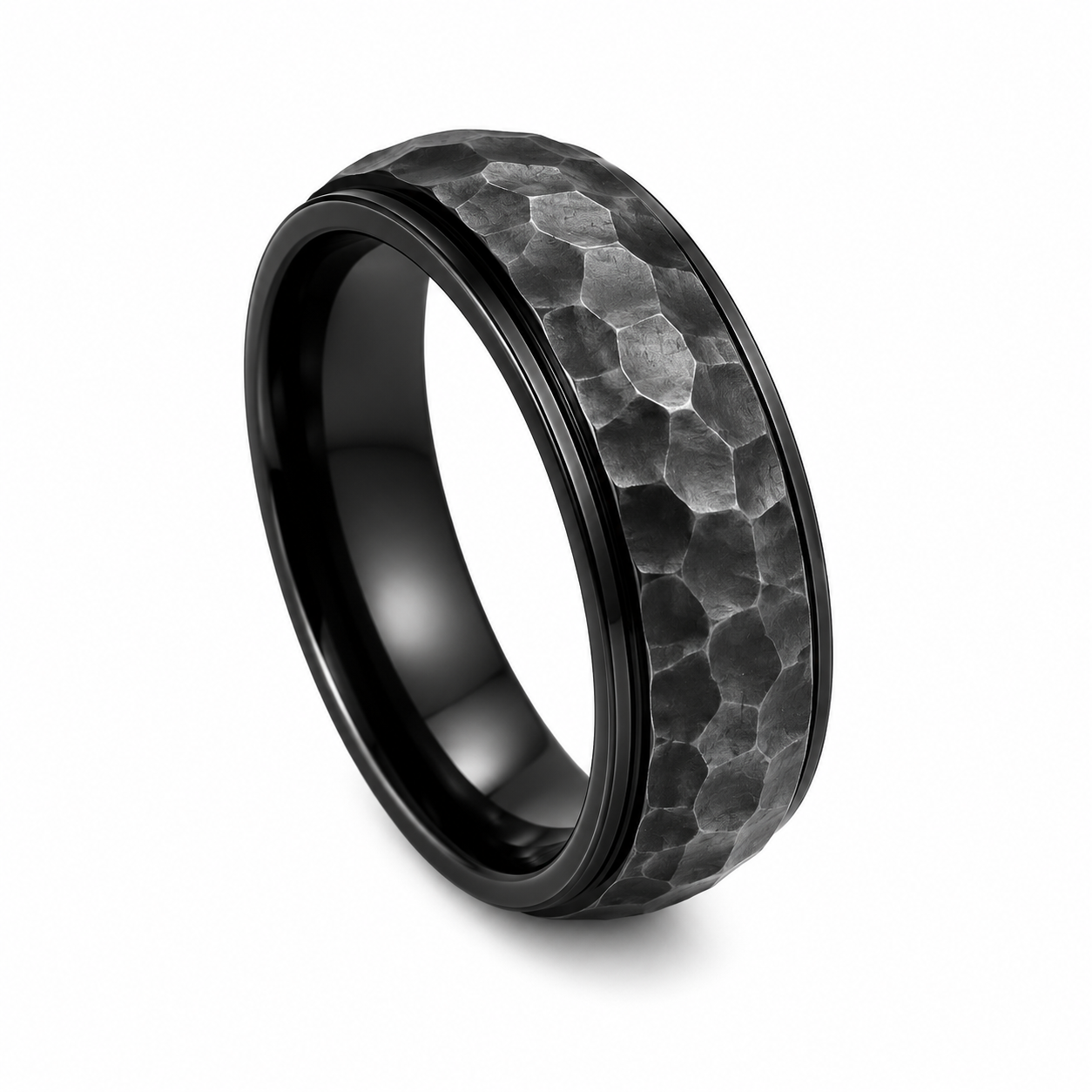 Black PVD Stainless Steel Hammered Band Ring