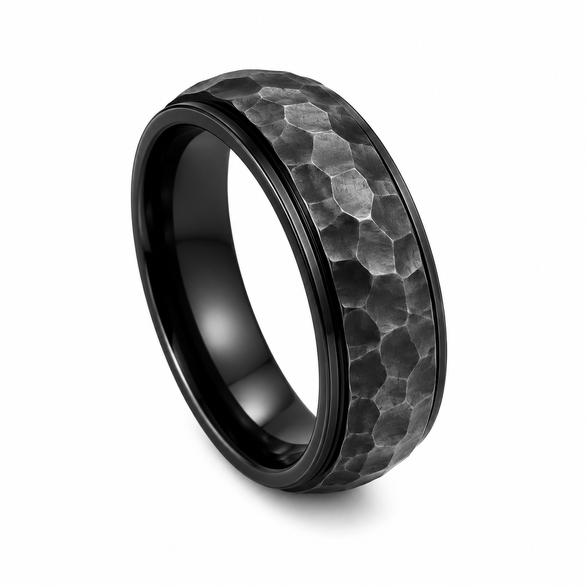 Black PVD Stainless Steel Hammered Band Ring