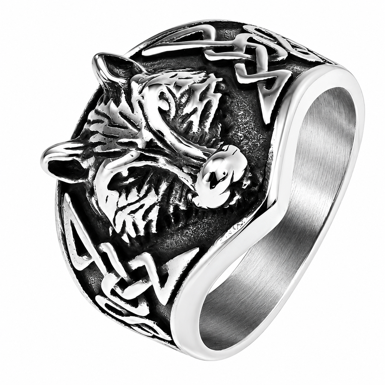 Stainless Steel Celtic Viking Wolf Head Dog Ring