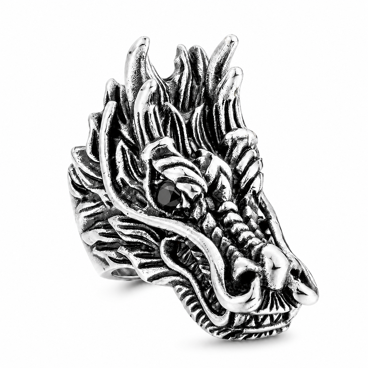 Stainless Steel Black Eye Dragon Head Snake Mythic Animal Ring