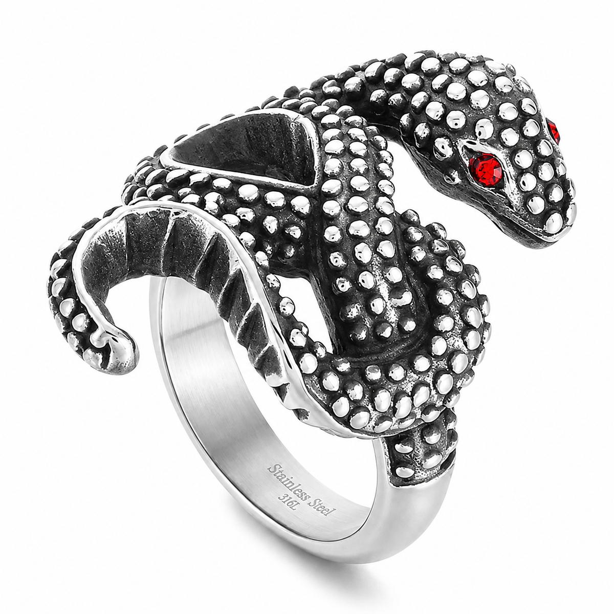 Stainless Steel Snake Serpent Knot Body Red Eye Ring