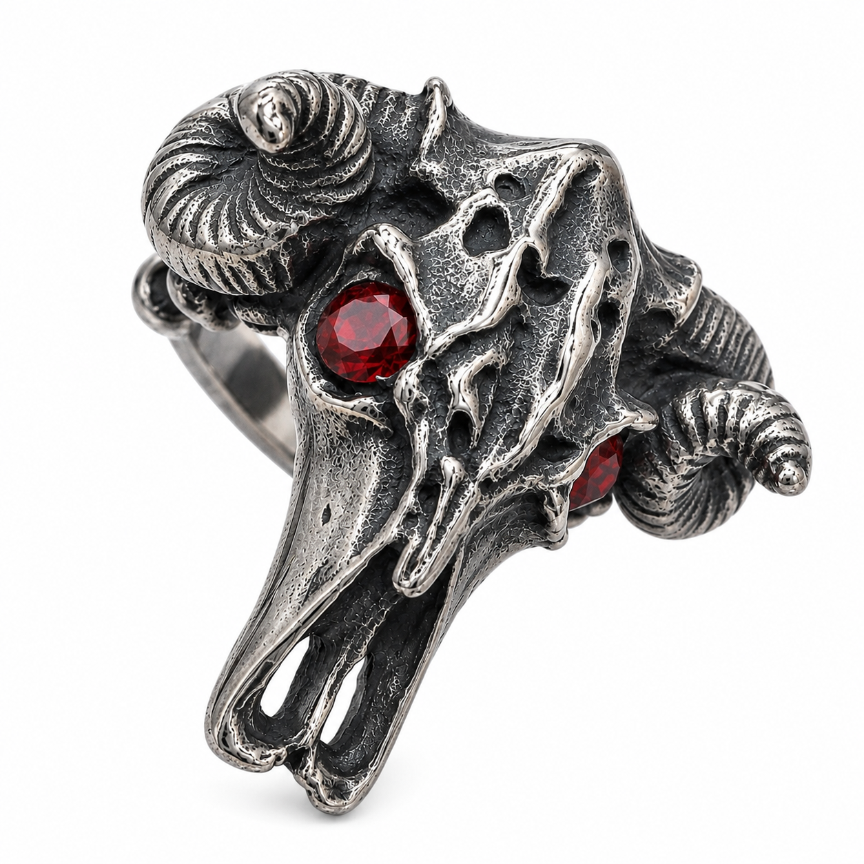 Stainless Steel Longhorn Bull Skull Cowboy Red CZ Eye Animal Ring