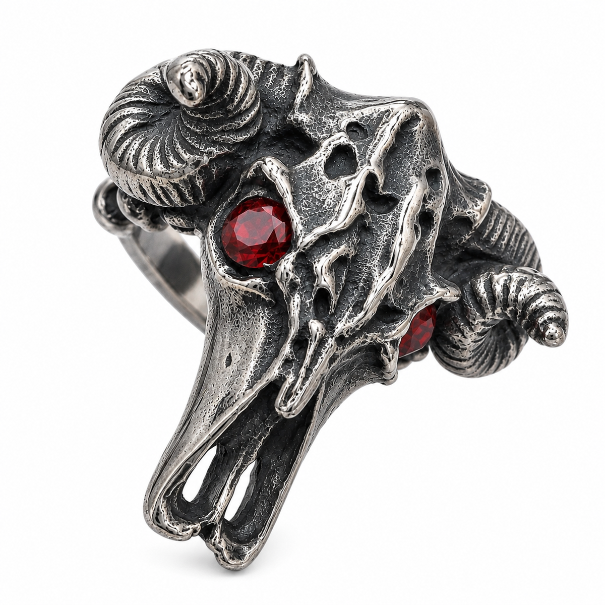 Stainless Steel Longhorn Bull Skull Cowboy Red CZ Eye Animal Ring