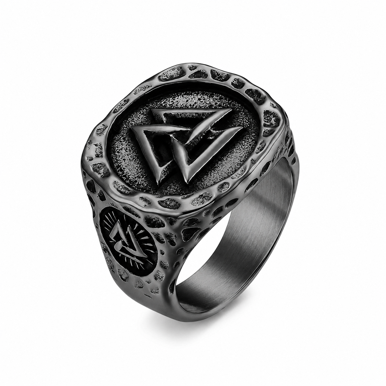 Black PVD Stainless Steel Valknut Three Triangle Viking Norse Signet Ring