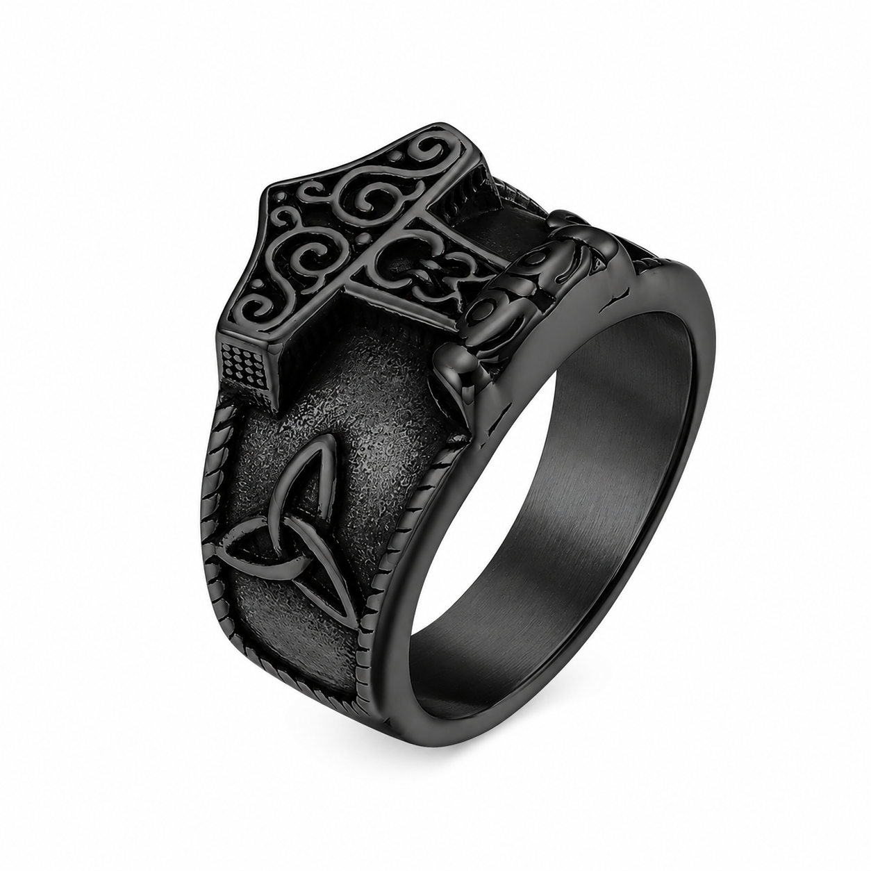Black PVD Stainless Steel Celtic Knot Triquetra Viking Hammer Mjolnir Norse Ring