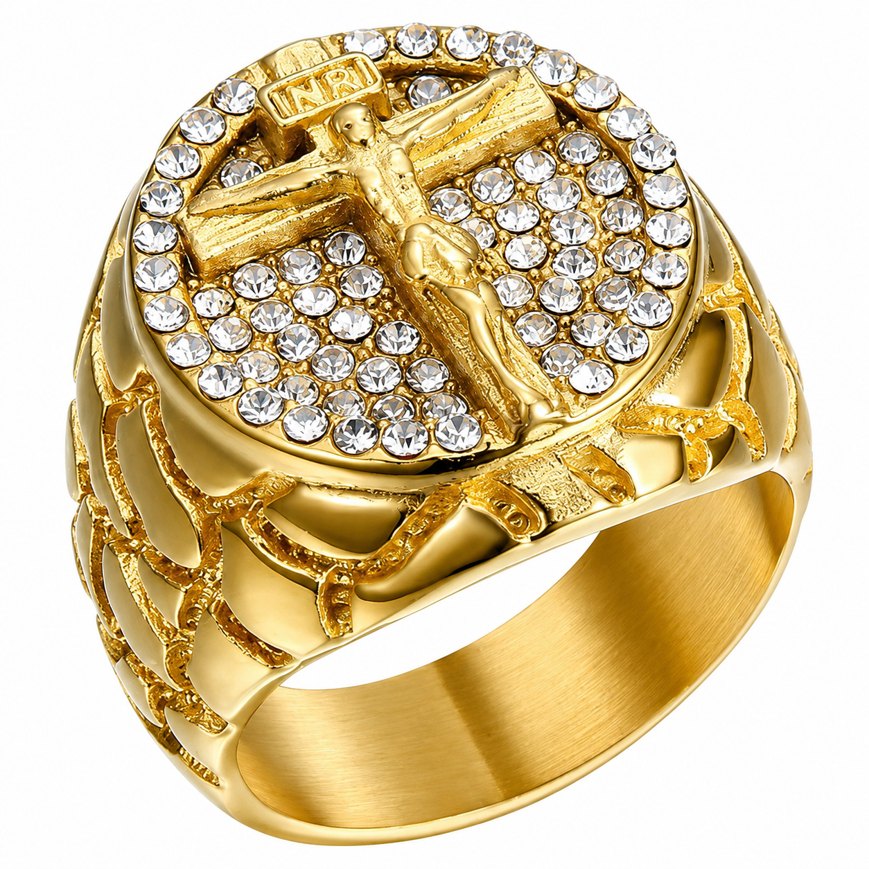18k Gold PVD Stainless Steel Cross Jesus Crucifix Clear CZ Ring