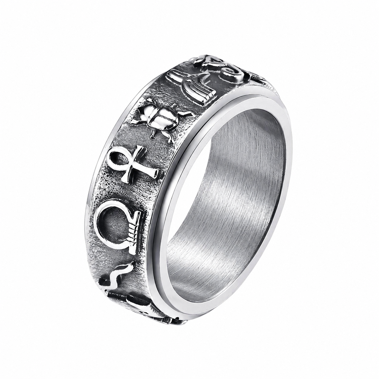 Stainless Steel Spinner Egyptian Hieroglyphs Ankh Band Ring