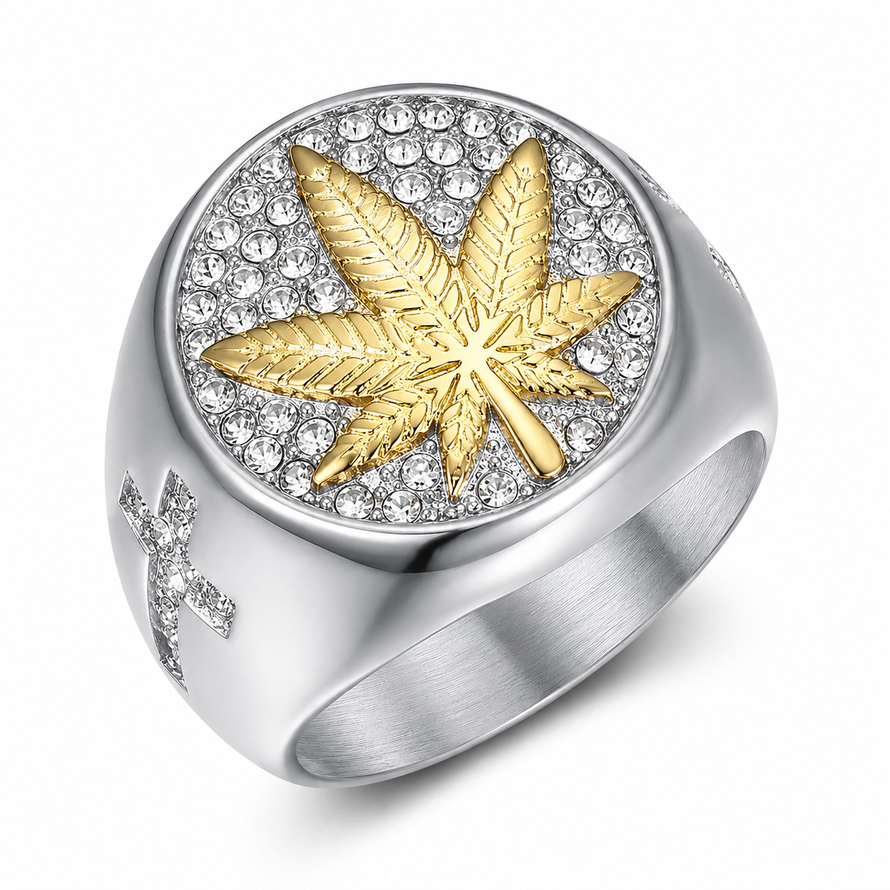 18k Gold PVD Stainless Steel Clear CZ Marijuana Weed Maple Leaf Ring