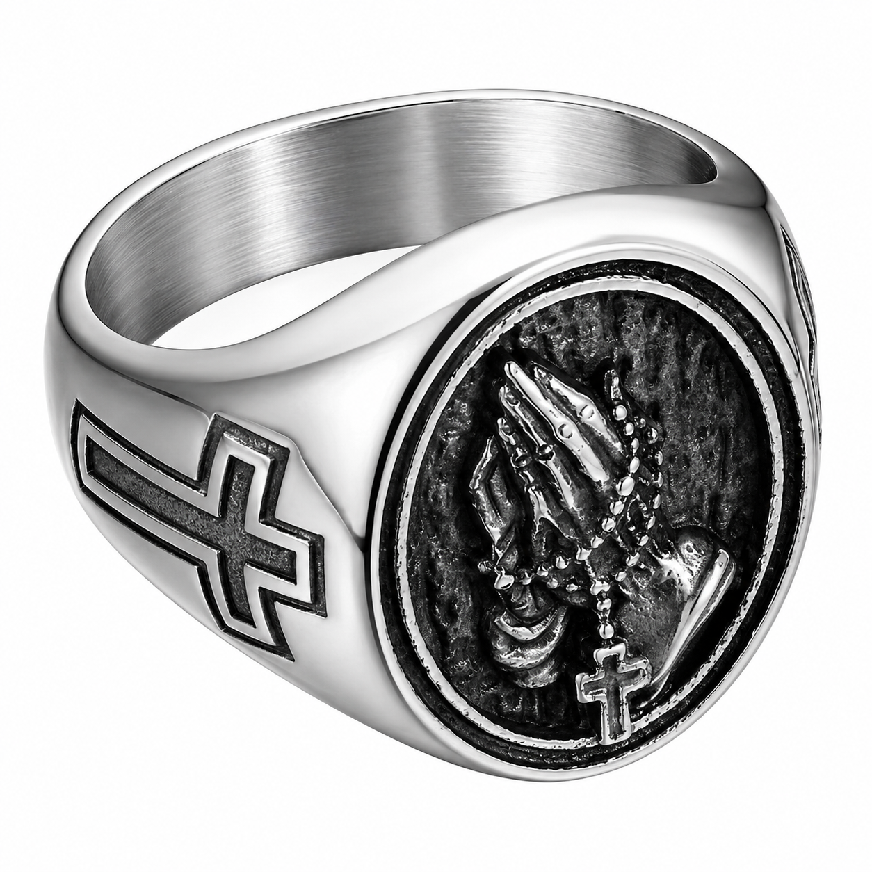 Stainless Steel Praying Hands Catholic Rosary Ring