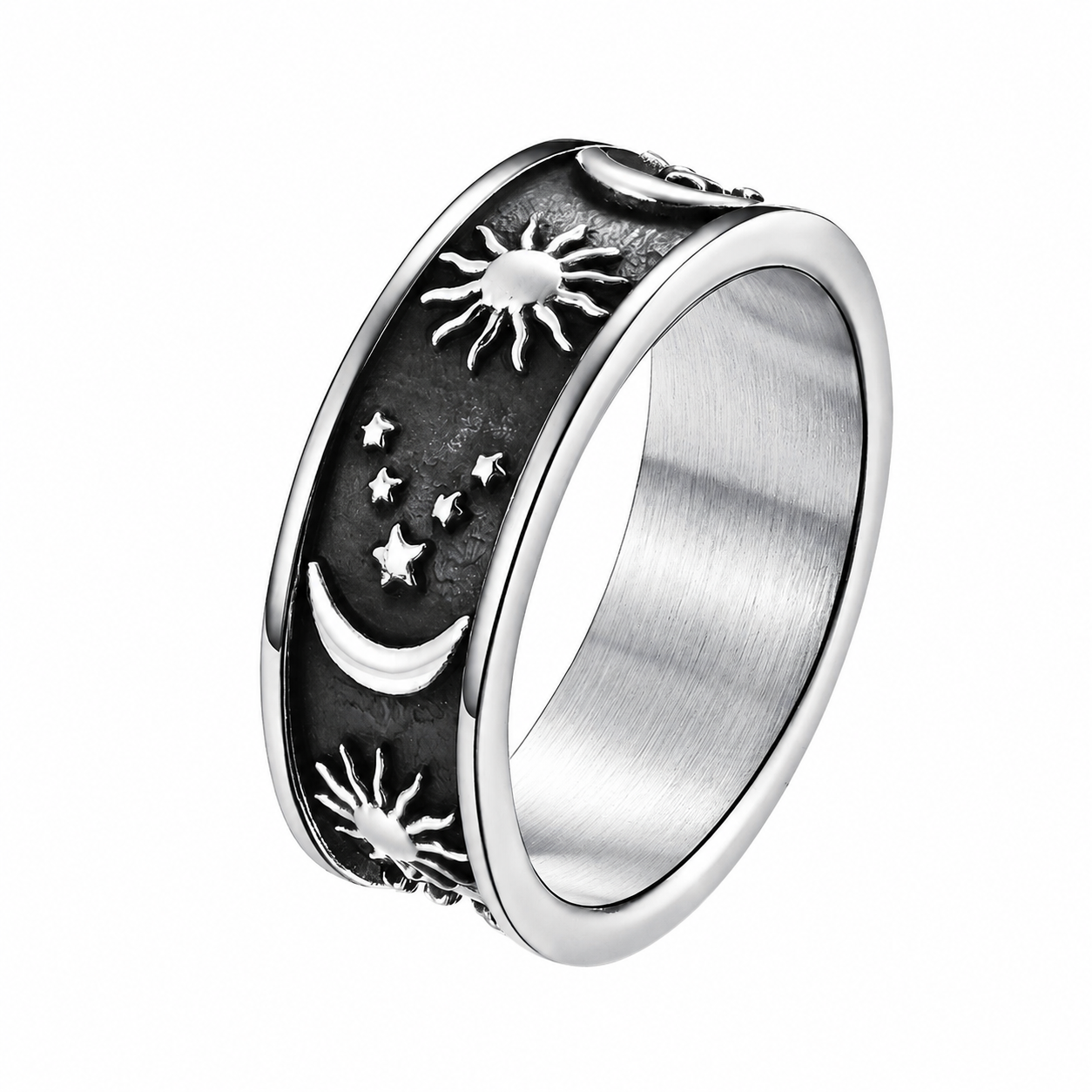 Stainless Steel Moon Star Galaxy Band Ring