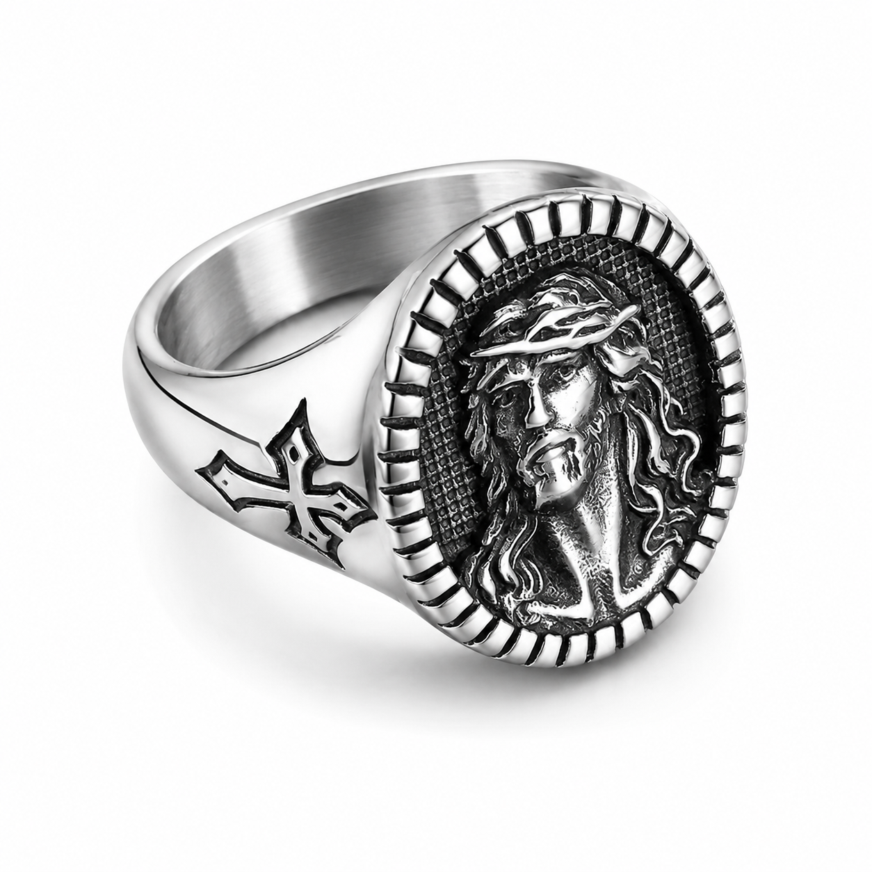Stainless Steel Jesus Christ Crown of Thorns Crucifix Ring
