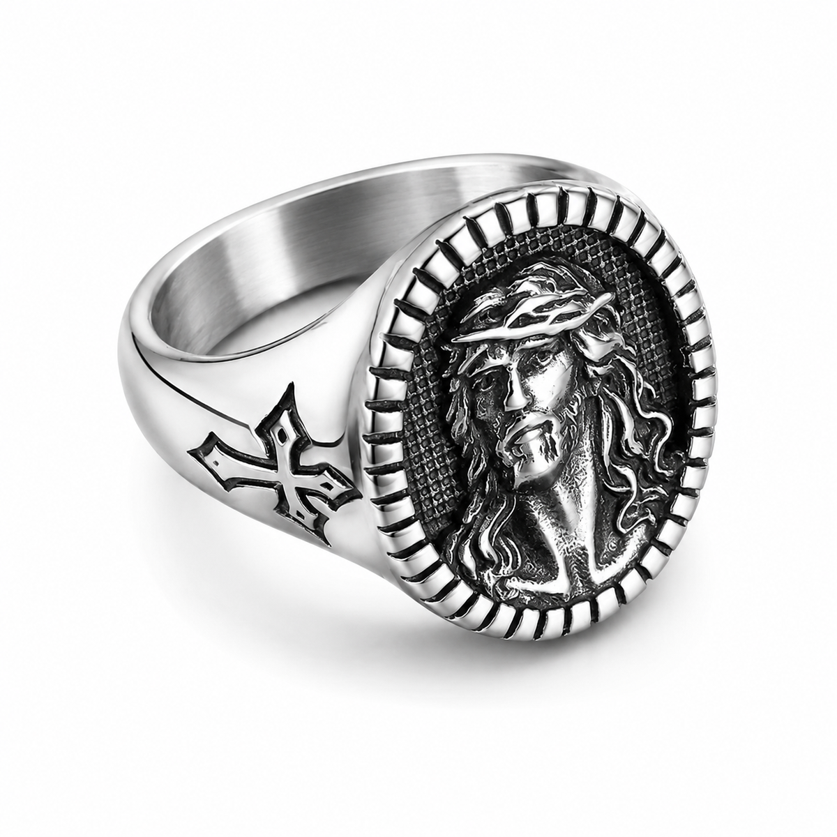 Stainless Steel Jesus Christ Crown of Thorns Crucifix Ring