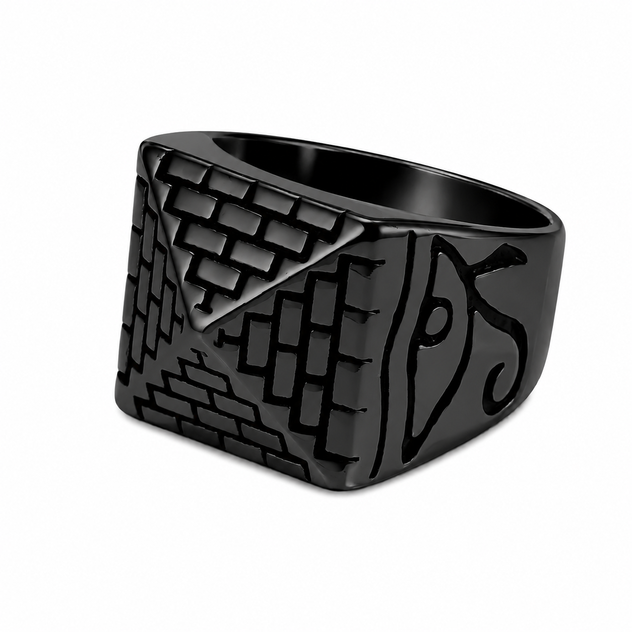 Black PVD Stainless Steel Eye of Horus Egyptian Pyramid Ring