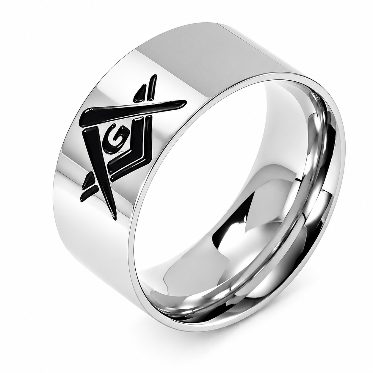 Stainless Steel Masonic Freemason Compass Signet Band Ring