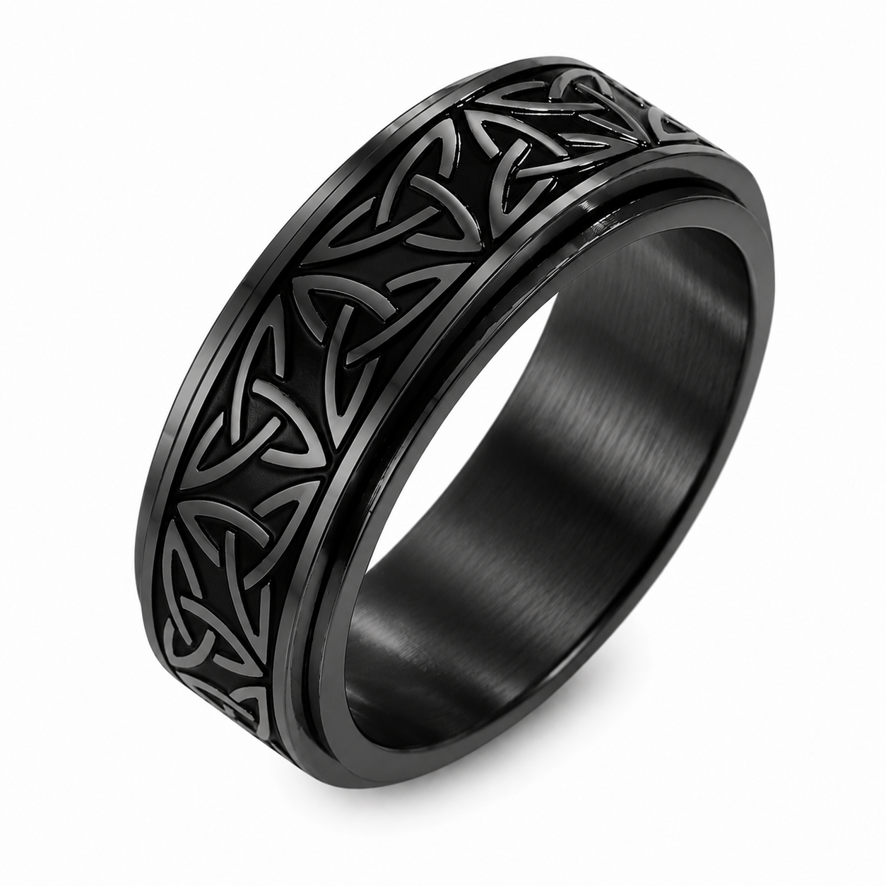 Black PVD Stainless Steel Celtic Knot Triquetra Spinning Band Ring