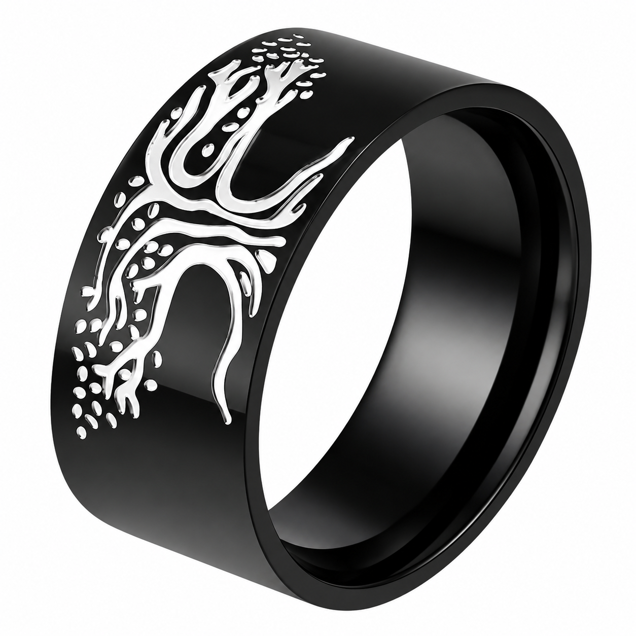 Black PVD Stainless Steel Tree of Life Nature Plant Family Band Ring