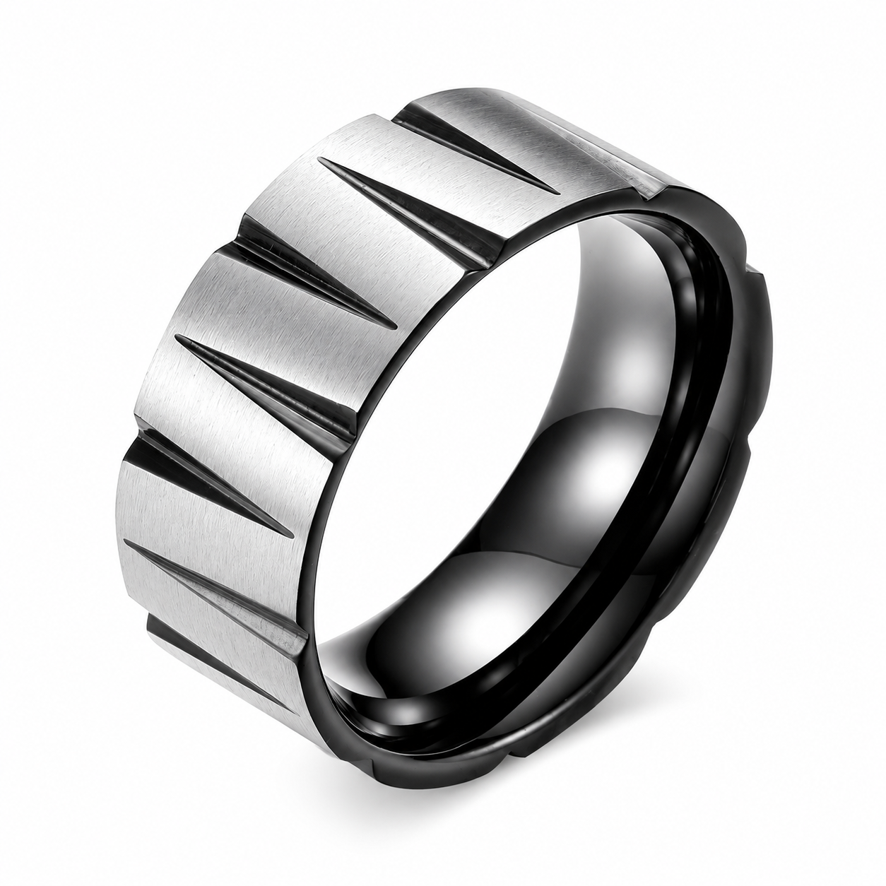 Stainless Steel Black PVD Zig Zag Notch Band Ring