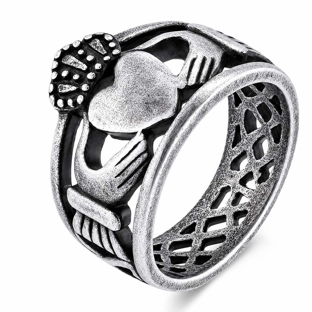 Antiqued-Finish Stainless Steel Claddagh Heart Friendship Wide Celtic Ring