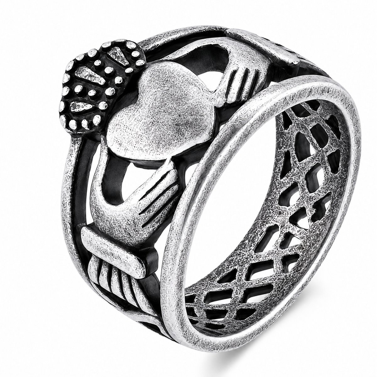 Antiqued-Finish Stainless Steel Claddagh Heart Friendship Wide Celtic Ring