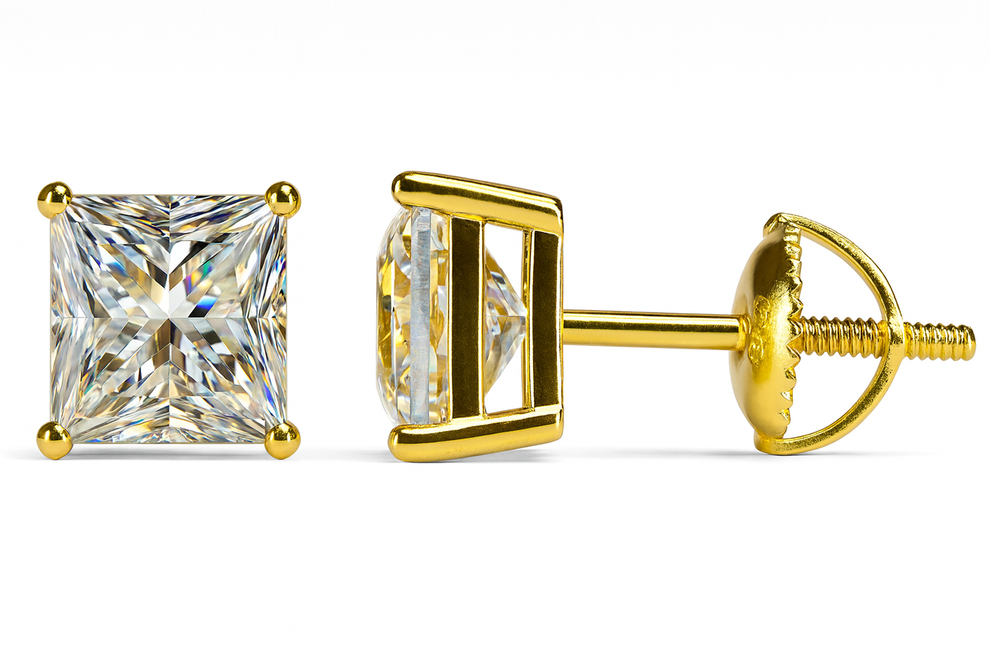 Gold Over Sterling Silver VVS1 Moissanite Stud Square Screw Back 0.75ct Earrings