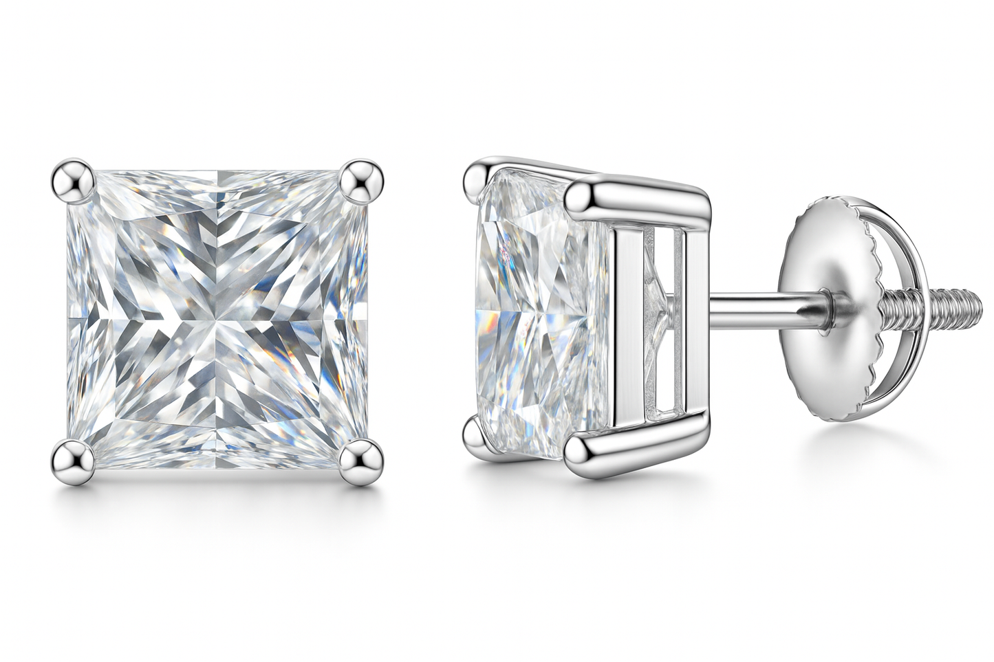 Sterling Silver VVS1 Moissanite Stud Square Solitaire Screw Back 0.75ct Earrings