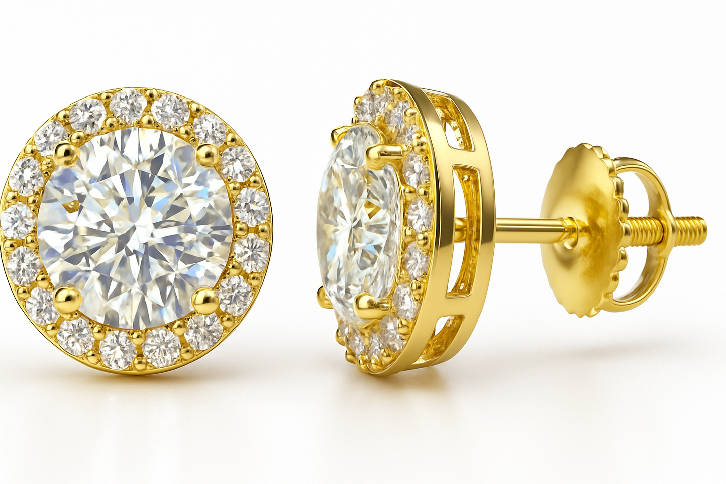 Gold Over Sterling Silver VVS1 Moissanite Stud Halo Screw Back 1.5 ct Earrings