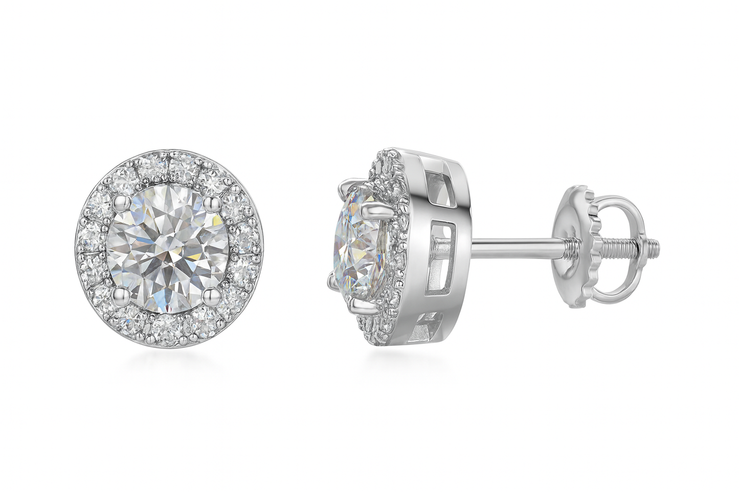 Sterling Silver VVS1 Moissanite Stud Solitaire Halo Screw Back 1.5 ct Earrings