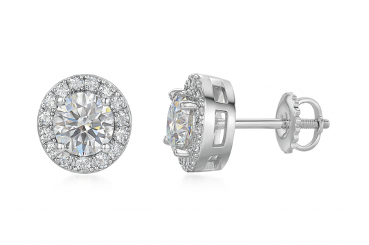 Sterling Silver VVS1 Moissanite Stud Solitaire Halo Screw Back 1.5 ct Earrings