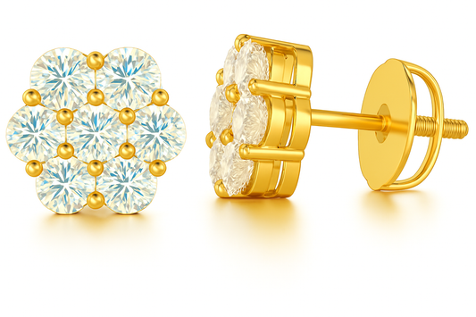 Gold Over Sterling Silver VVS1 Moissanite Stud Flower Screw Back 0.75ct Earrings