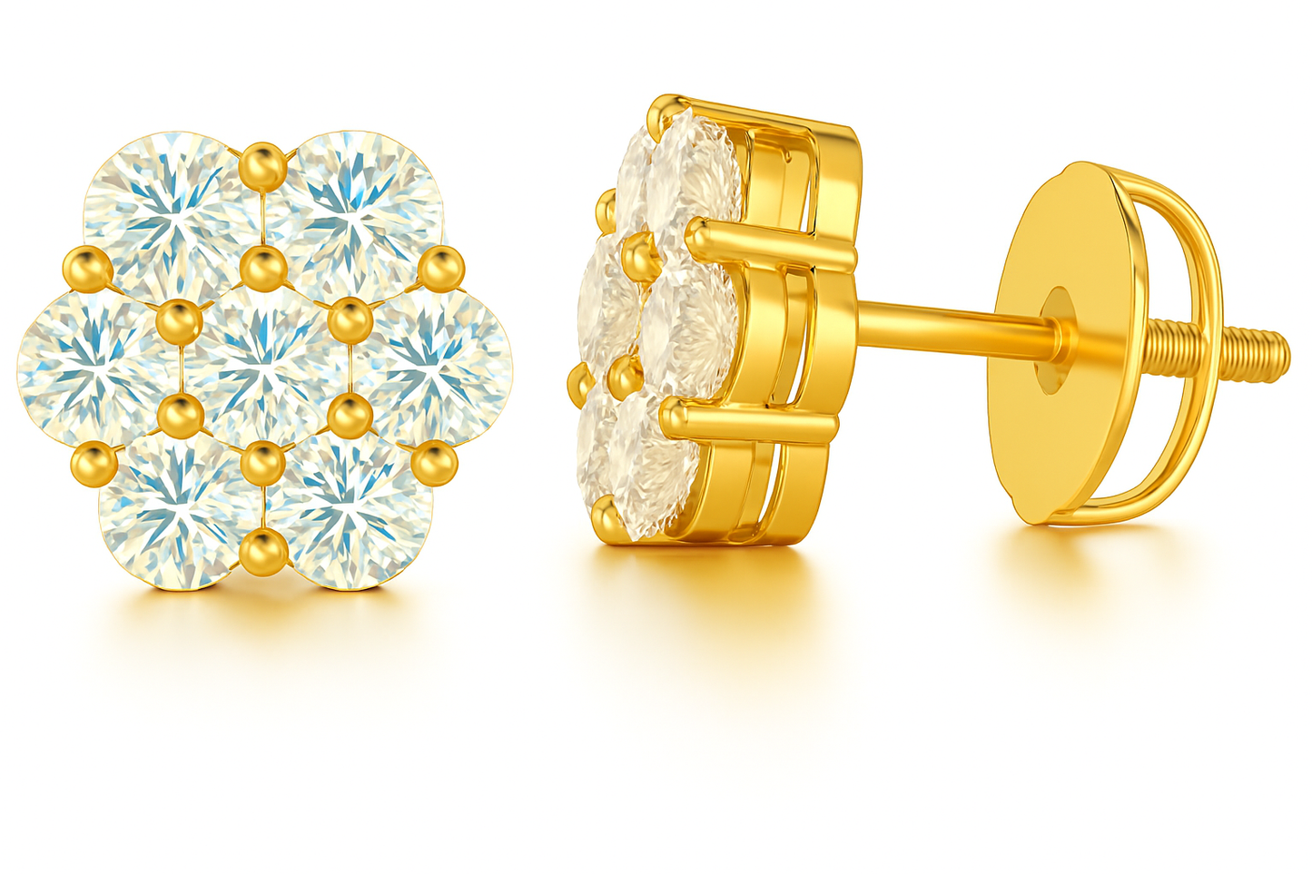 Gold Over Sterling Silver VVS1 Moissanite Stud Flower Screw Back 0.56ct Earrings
