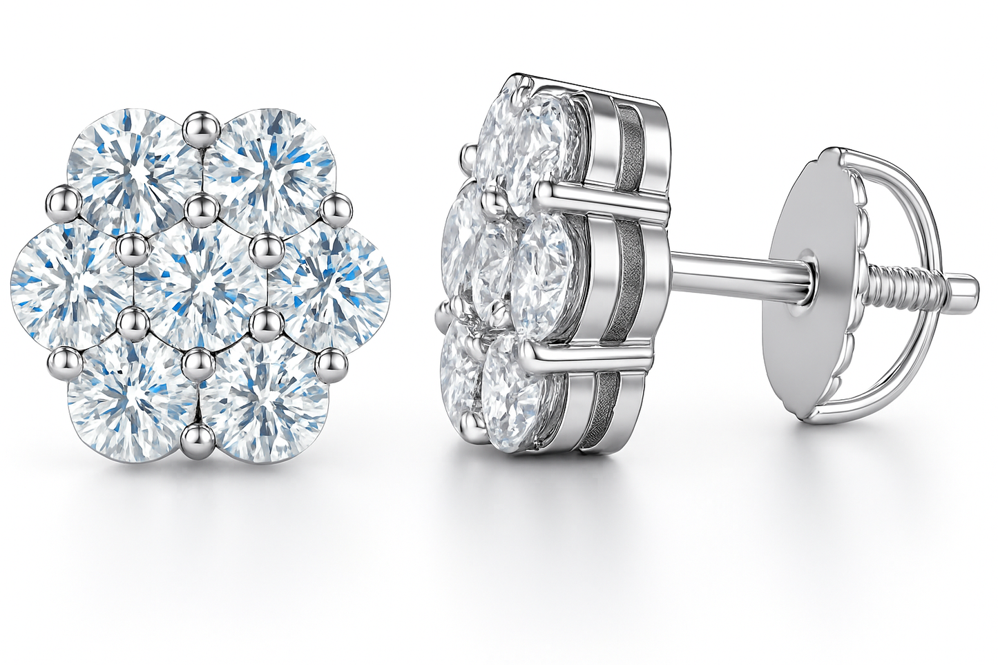 Sterling Silver VVS1 Moissanite Stud Flower Screw Back 1.5 ct Solid 925 Earrings