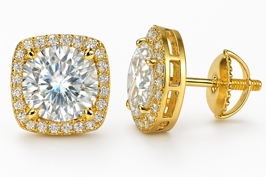 Gold Over Sterling Silver VVS1 Moissanite Stud Halo Screw Back 1 ct 925 Earrings
