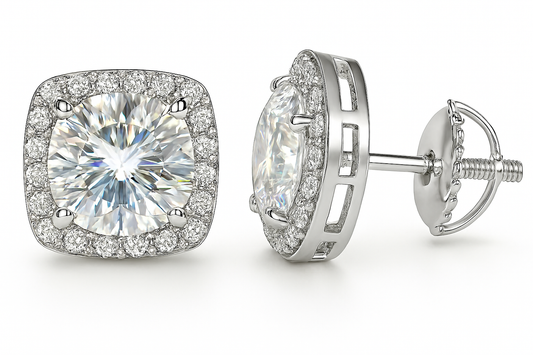 Sterling Silver VVS1 Moissanite Stud Round Square Halo Screw Back 2.5ct Earrings