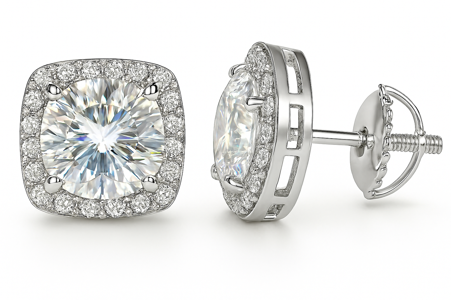 Sterling Silver VVS1 Moissanite Stud Round Square Halo Screw Back 2 ct Earrings