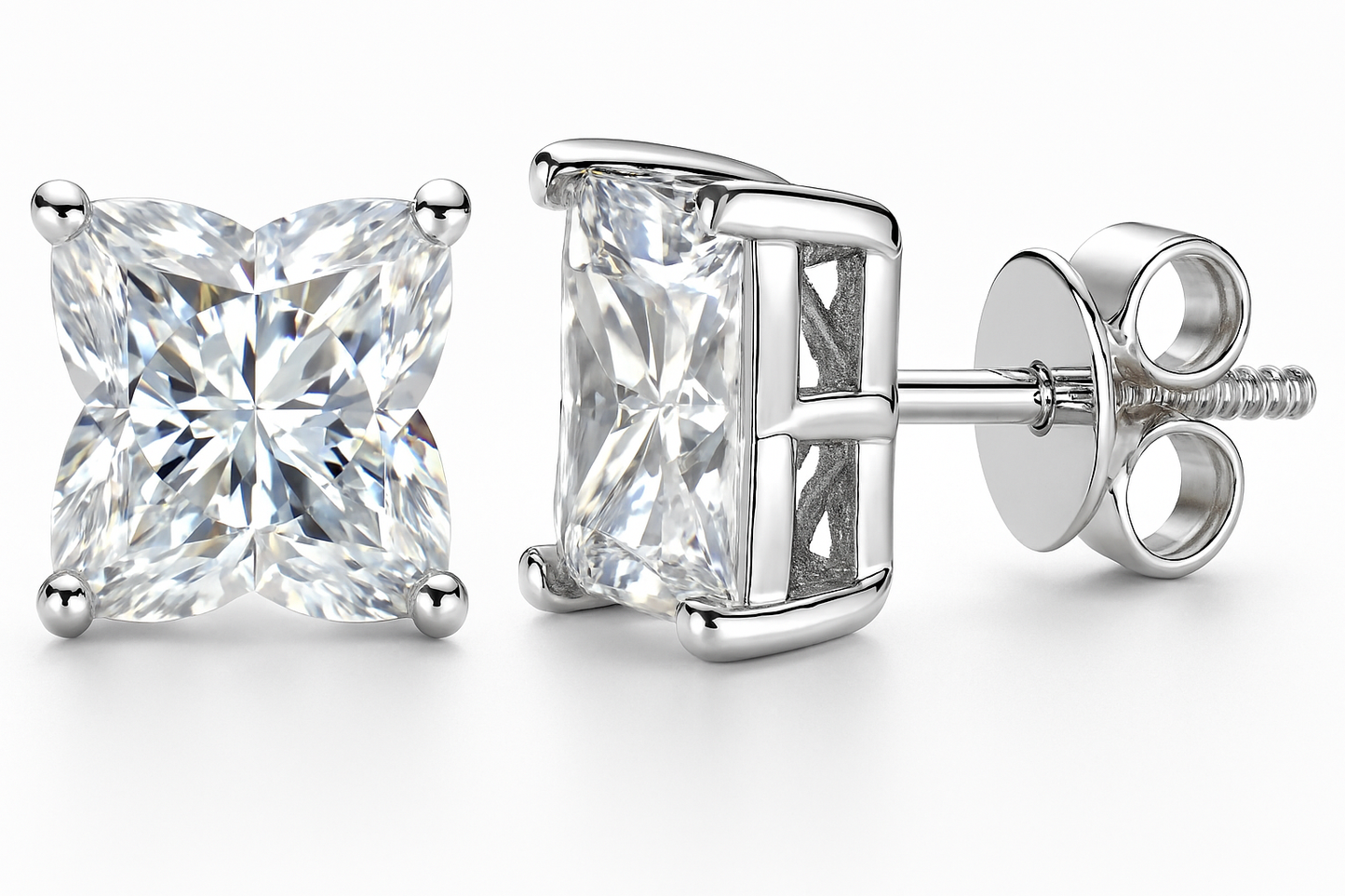 Sterling Silver VVS1 Moissanite Stud Clover Square Screw Back 2.2 ct Earrings