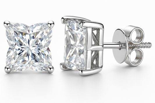 Sterling Silver VVS1 Moissanite Stud Clover Square Screw Back 2.2 ct Earrings