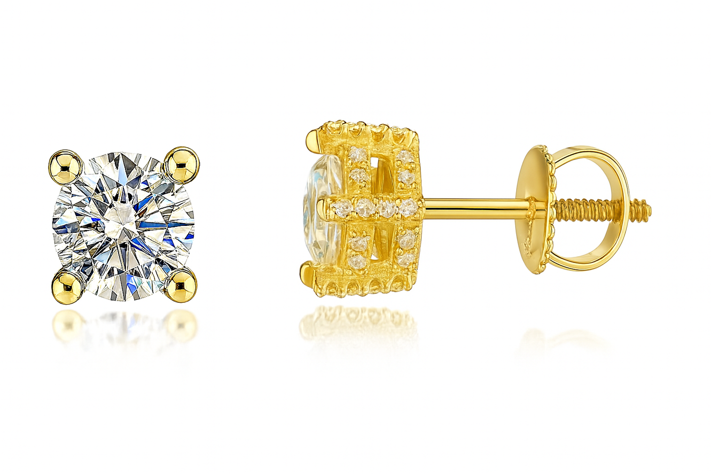 Gold Over Sterling Silver VVS1 Moissanite Stud Basket Screw Back 0.75ct Earrings