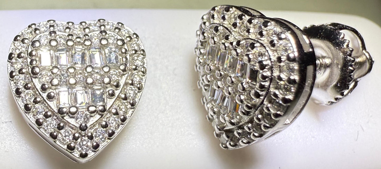 Sterling Silver VVS1 Moissanite Stud Baguette Heart Screw Back 0.84 ct Earrings