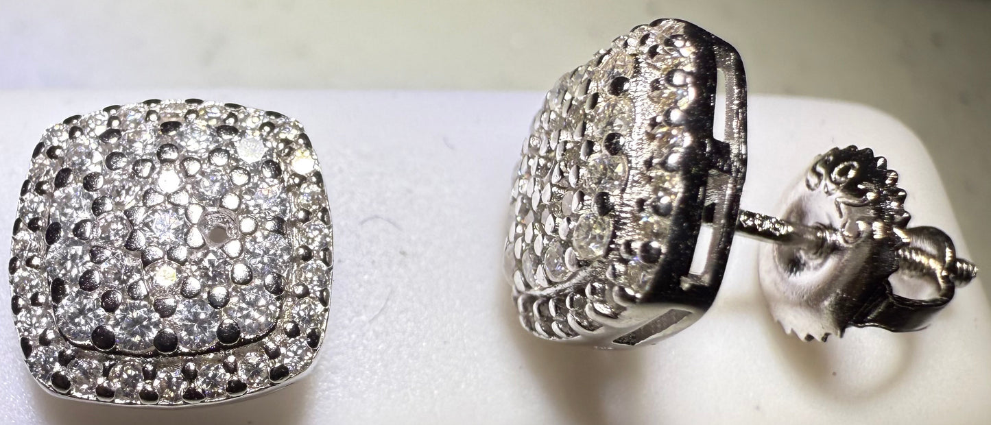 Sterling Silver VVS1 Moissanite Stud Rounded Square Screw Back 1.06 ct Earrings