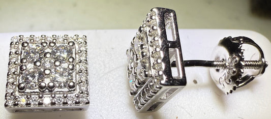 Sterling Silver VVS1 Moissanite Stud Square Halo Screw Back 1.2 ct 925 Earrings