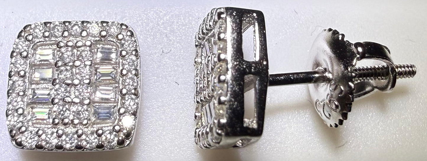 Sterling Silver VVS1 Moissanite Stud Baguette Square Screw Back 0.92 ct Earrings