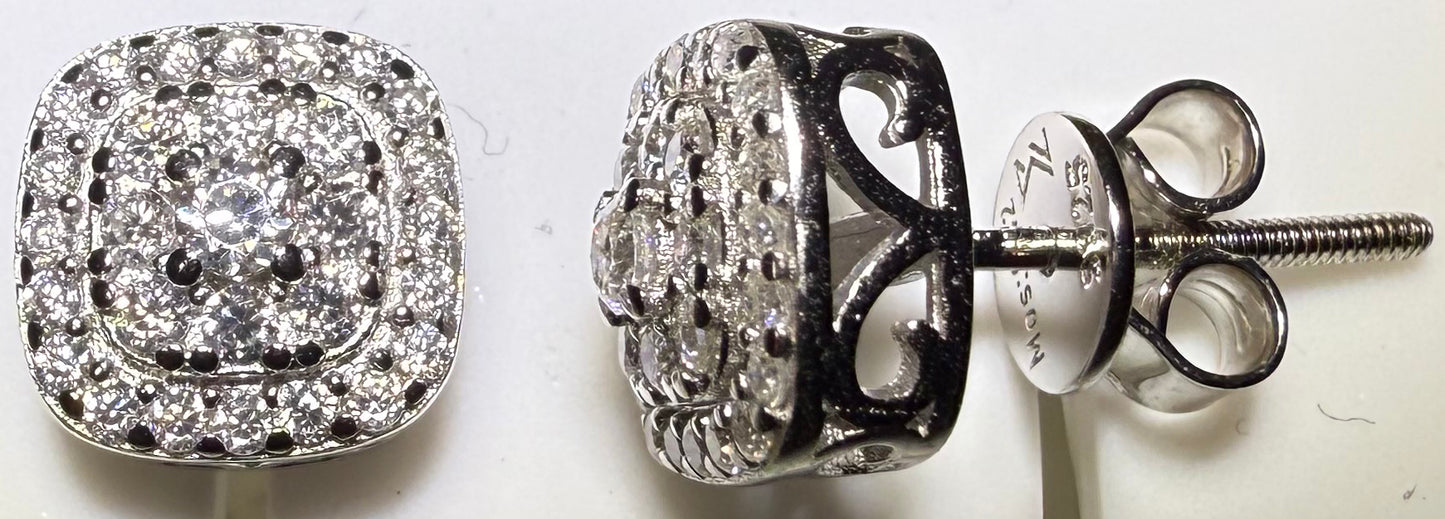 Sterling Silver VVS1 Moissanite Stud Rounded Square Screw Back 0.84 ct Earrings