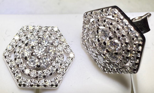 Sterling Silver VVS1 Moissanite Stud Hexagon Halos Screw Back 0.75 ct Earrings