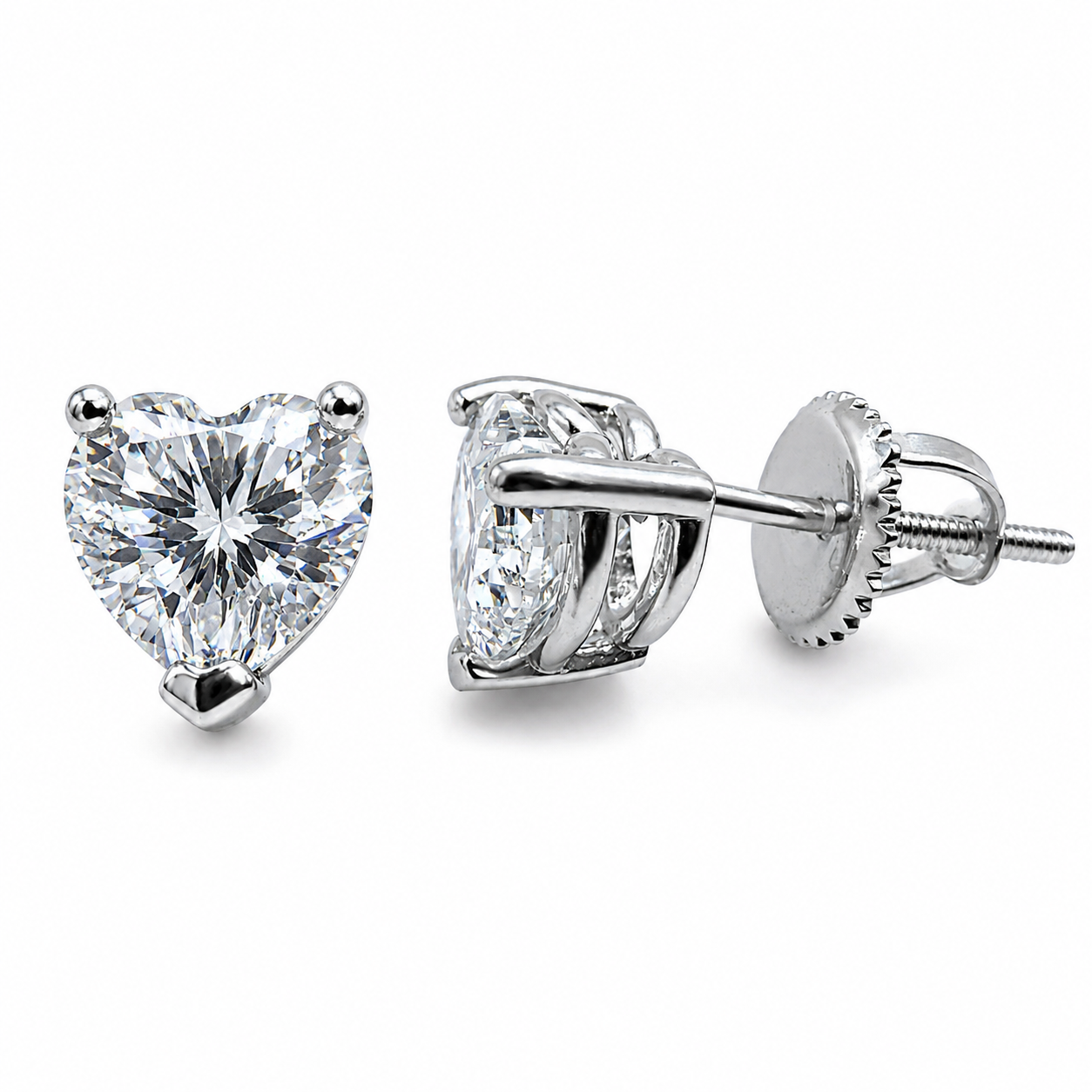 Sterling Silver VVS1 Moissanite Stud Heart Solitaire Screw Back 1 ct Earrings