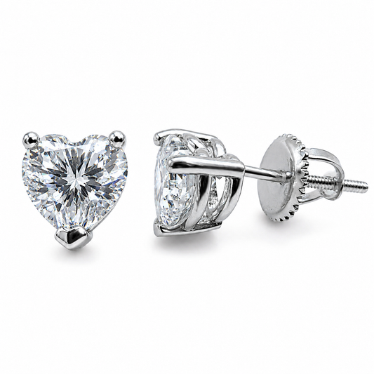 Sterling Silver VVS1 Moissanite Stud Heart Solitaire Screw Back 2 ct Earrings