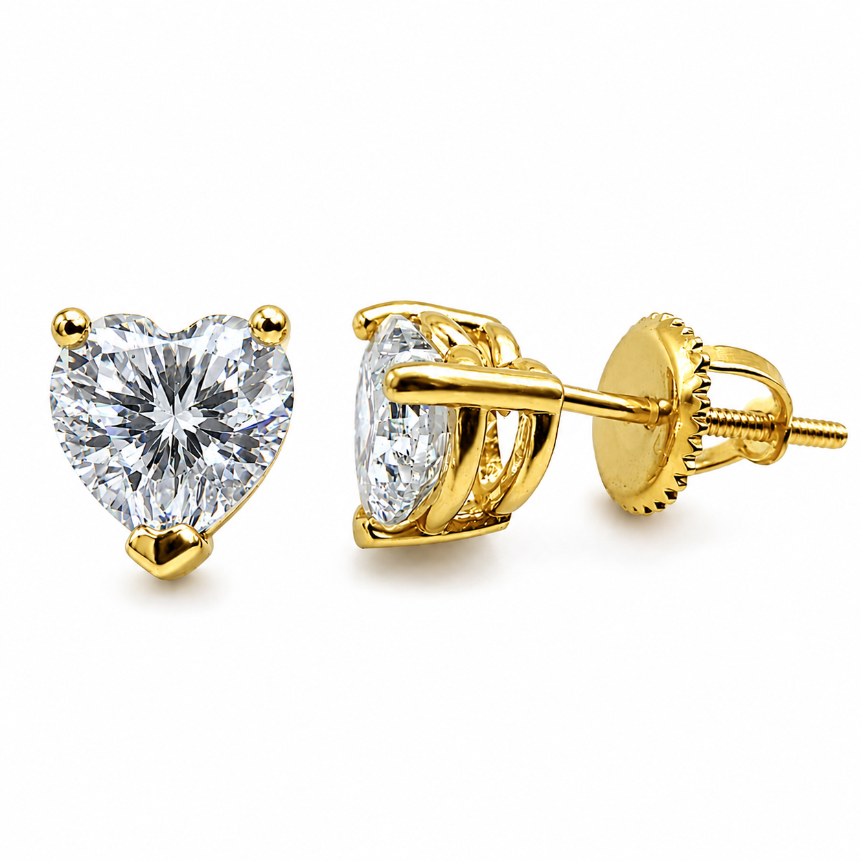 Gold Over Sterling Silver VVS1 Moissanite Stud Heart Solitaire Screw Back 2 ct Earrings