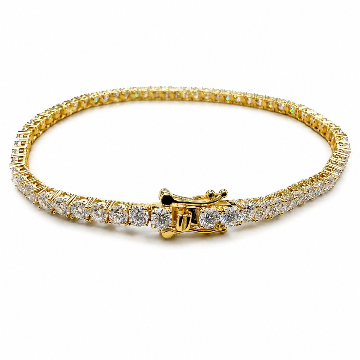 Gold Over Sterling Silver VVS1 Moissanite 3mm Round Tennis Bracelet Chain